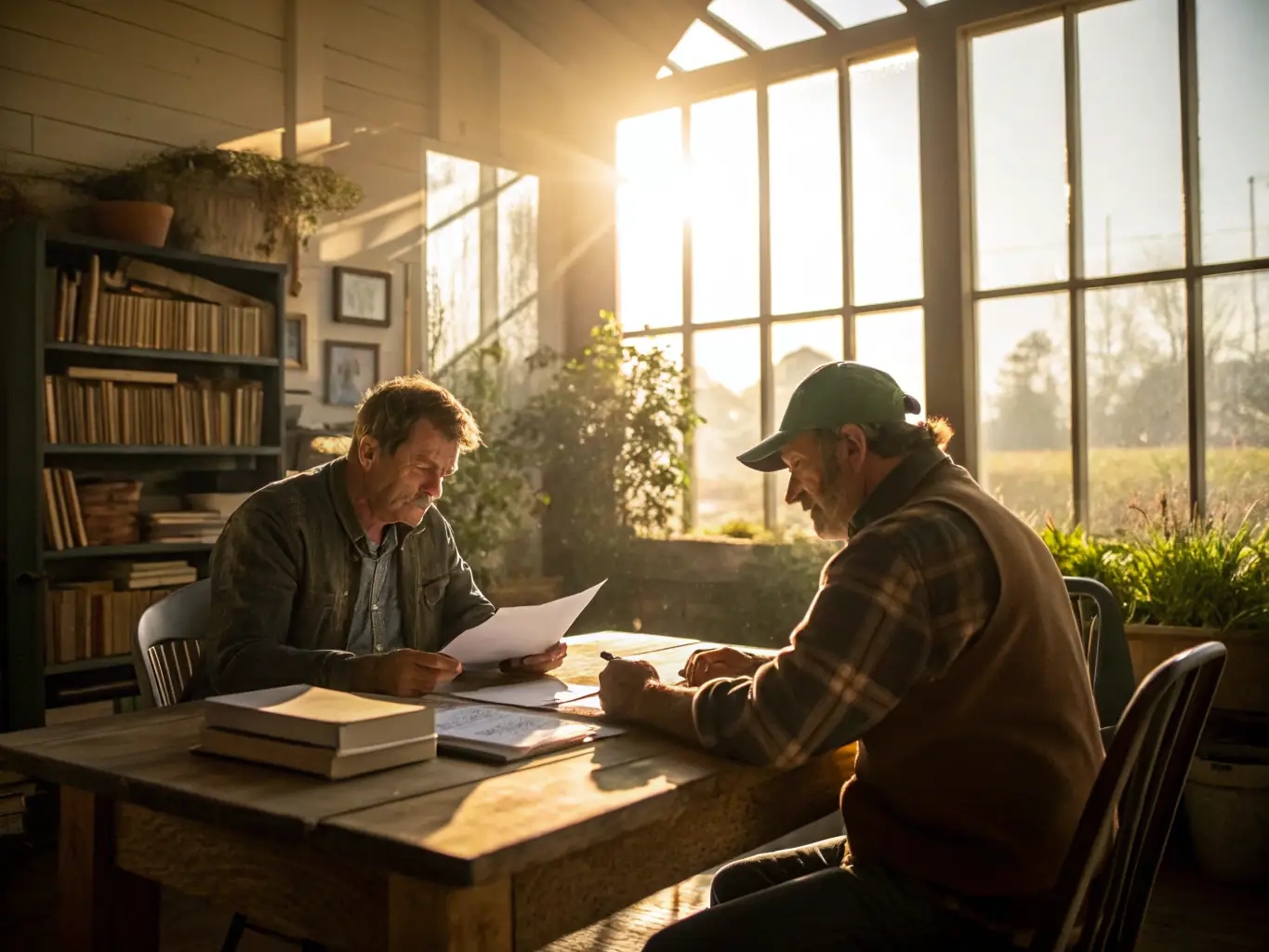 A consultant is working closely with a farmer, reviewing documents and discussing a grant proposal in a sunlit office, symbolizing collaboration and expert guidance.