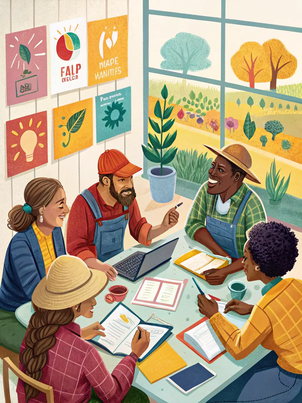 A diverse group of agricultural stakeholders collaborating on a funding proposal in a modern office setting.