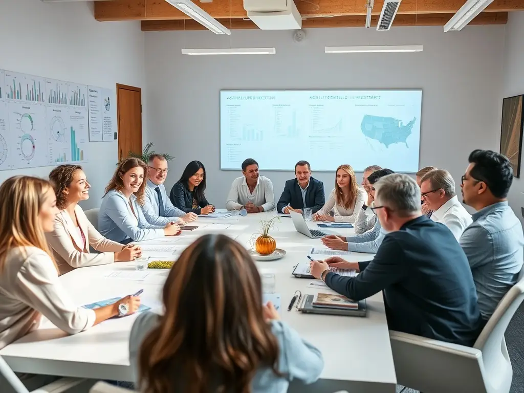 An image depicting a strategic planning session with agricultural stakeholders, emphasizing collaboration and forward-thinking.