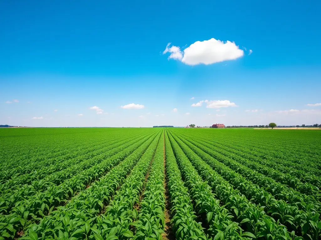 A photograph of a lush green farm field with a clear blue sky, symbolizing the potential for growth and prosperity in agriculture.