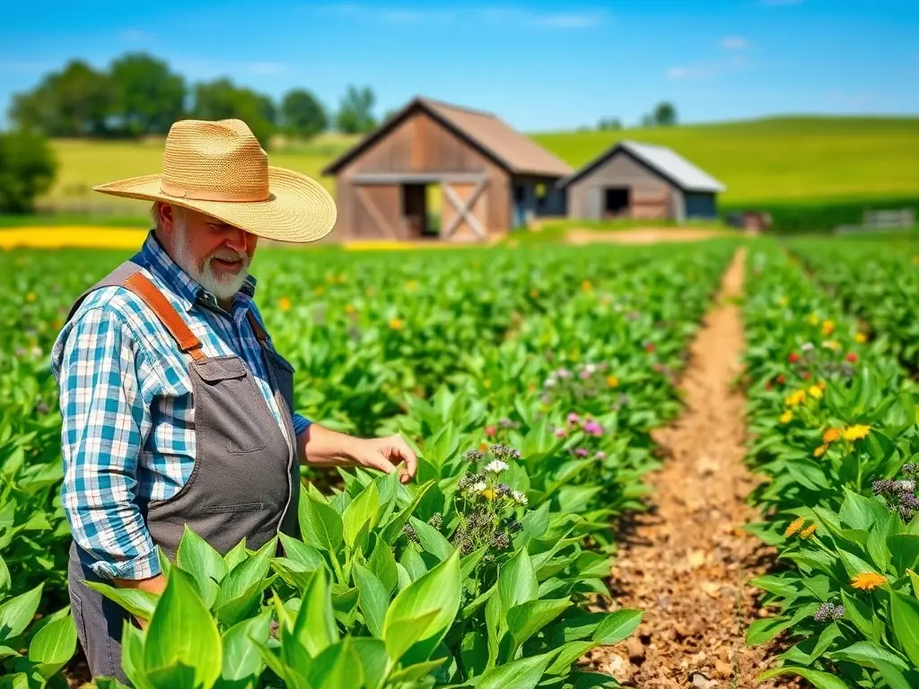 A photo of a successful farmer standing proudly in front of their thriving farm, showcasing the positive outcomes of securing funding.